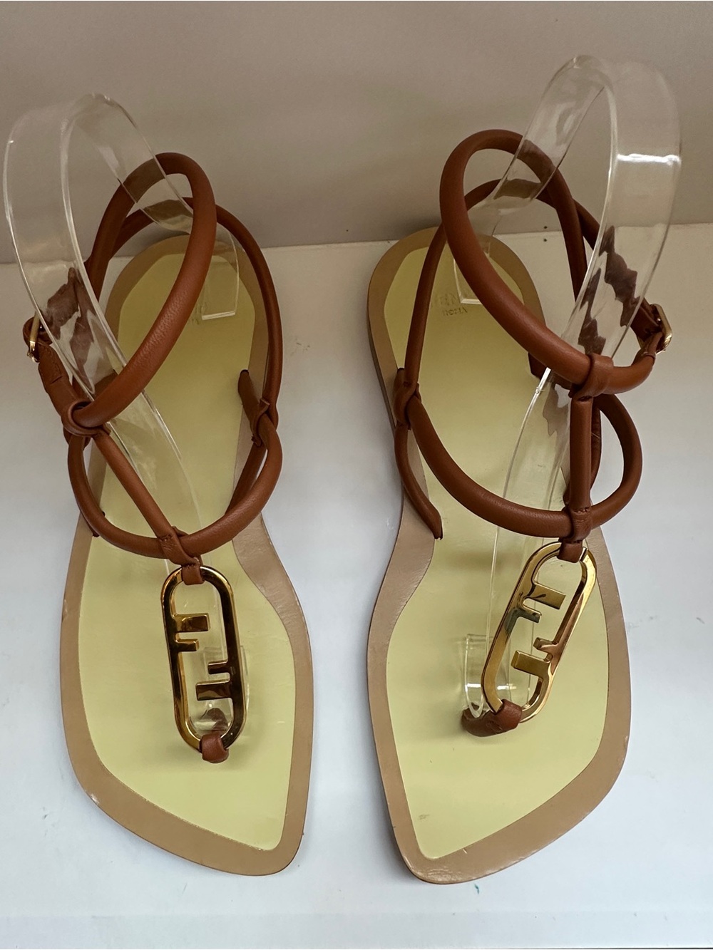 Fendi O'Lock Logo Flat Sandals Brown Leather Gold FF Hardware 38.5